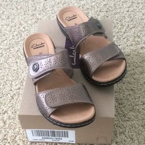 Clarks pewter leather sandal, never worn.